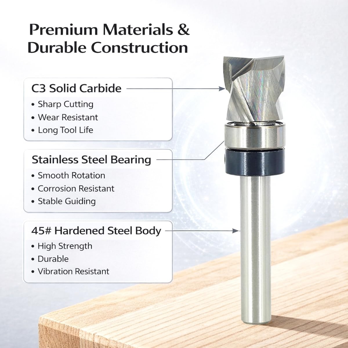 Solid Carbide Compression Flush Trim Router Bit 1/4 Shank, 2+2 Flute, 1/2" Di...