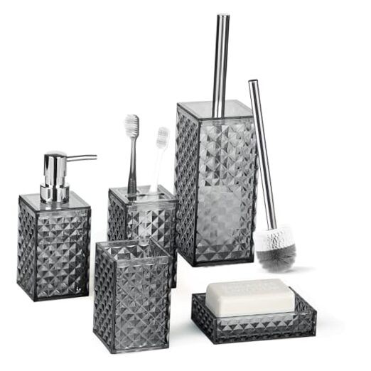 Bathroom Accessory Set, Grid Pattern 5 Pcs Plastic Bathroom Set 5 Pack Grey