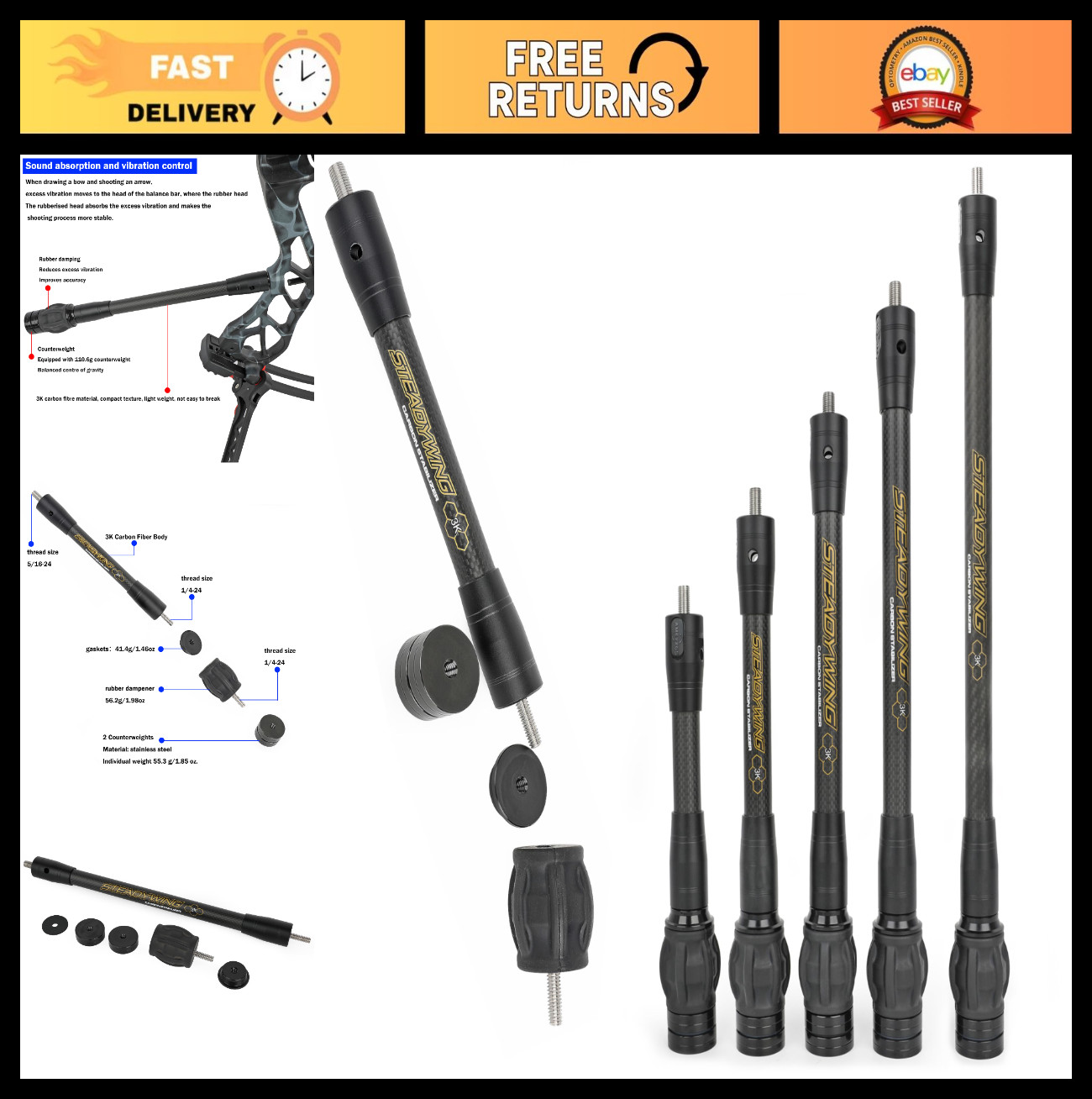 Archery Stabilizer Kit for Compound Bow - 6" to 15", Carbon Fiber, Damping & Sho