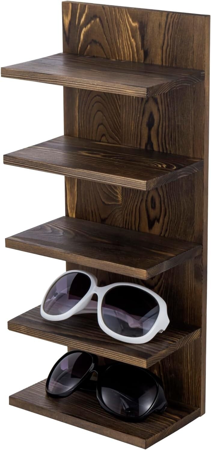 5 Tier Wood Sunglasses Holder Rack, Wall Mounted Eye Glasses Storage Organizer