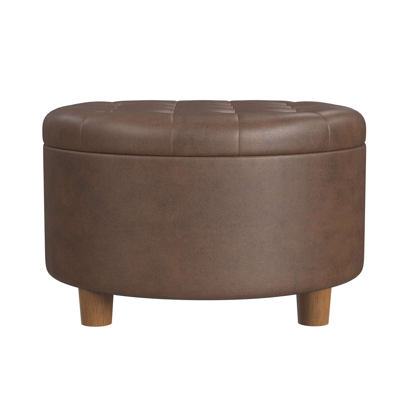 Brown Faux Leather Round Storage Ottoman with Lift Off Top and Tufted Lid
