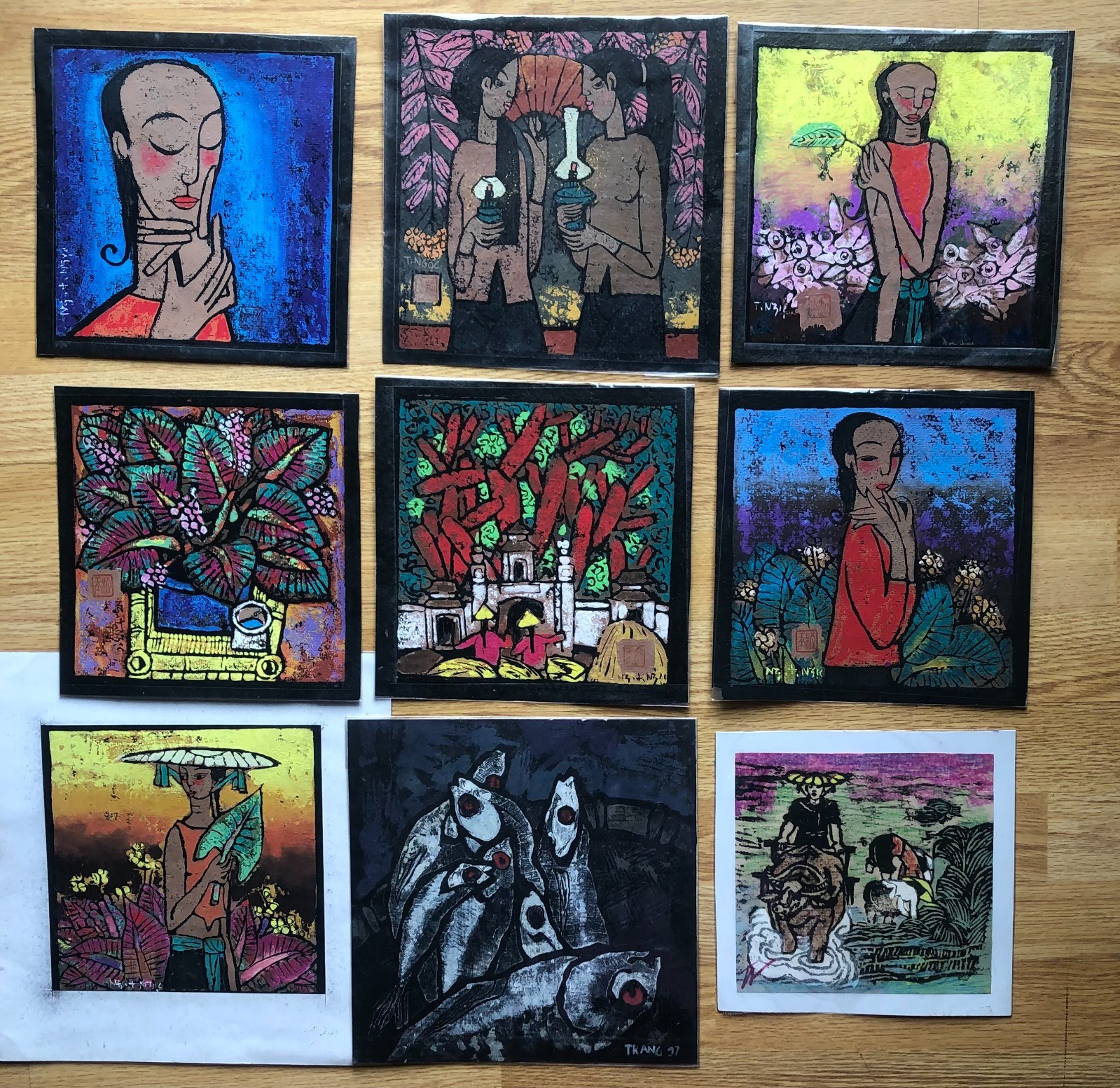 Set of Tung Ngoc's paintings 8.6x8.6 in  born 1957 VUFA , others artist