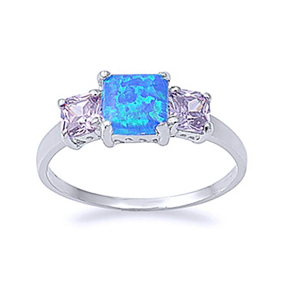 Fine Women 7mm Silver Blue Opal Princess Purple CZ Anniversary Ring Band