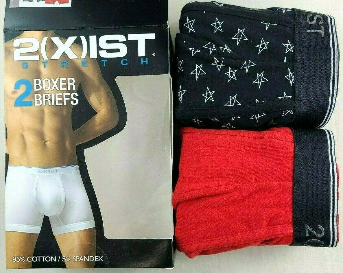 2(X)IST Men's Boxer Briefs Large 2 Pack Black Red Cotton Stretch Logo Waist New
