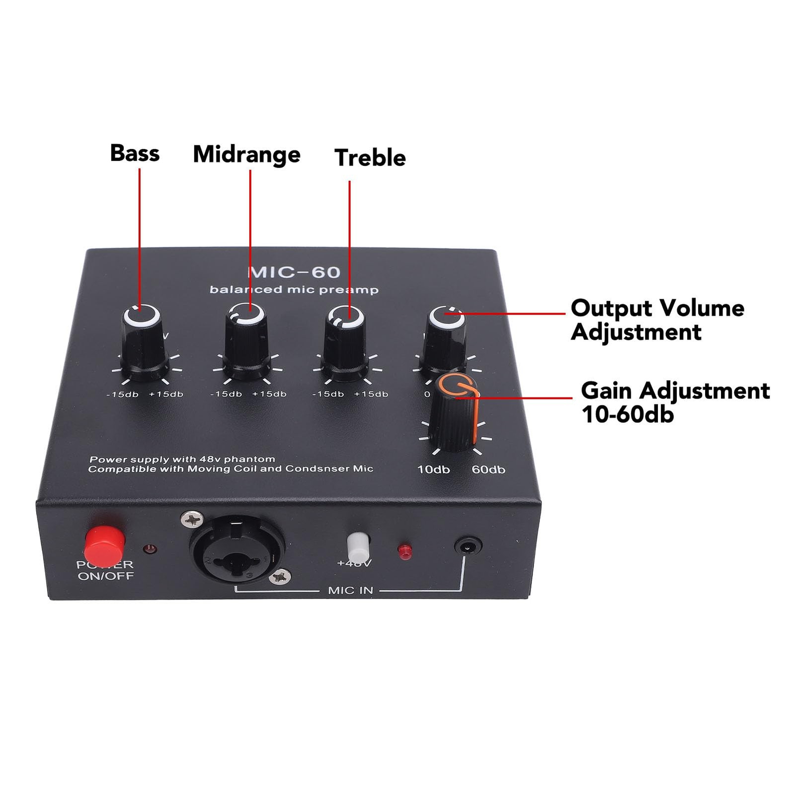"60dB Microphone Preamp with 48V Power, 3 Inputs, XLR, 3.5mm, 6.35mm Interface"