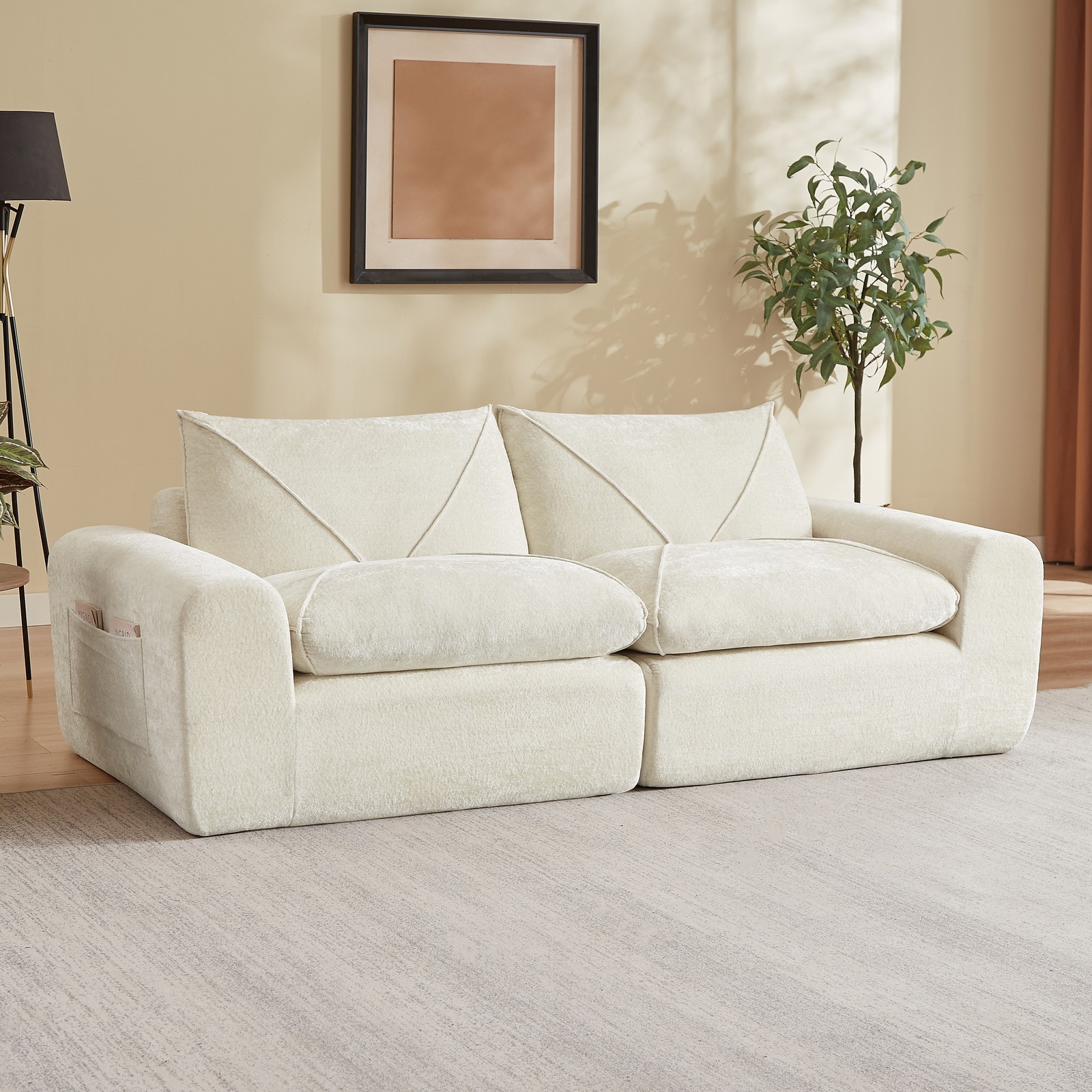 Chenille Combination Sofa with Foot Pedals, Beige, 2-Seat, Modern