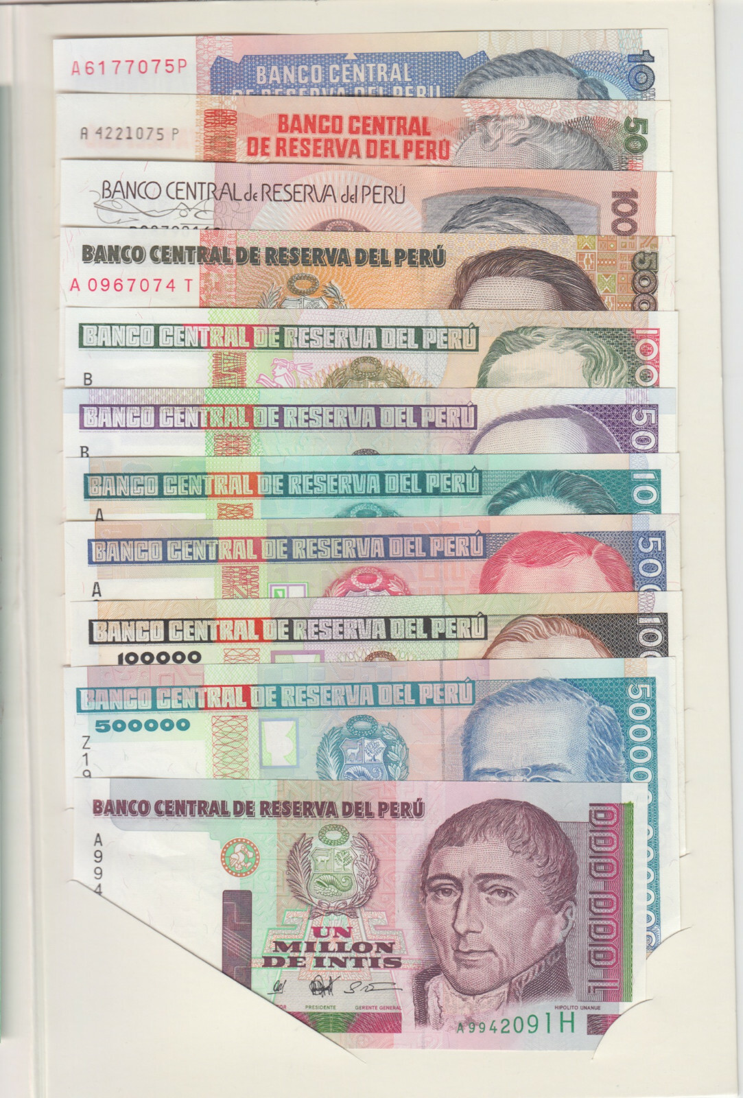 Peru banknote 11 Denomination Inti set in official folder, 1987-90, UNCIRCULATED