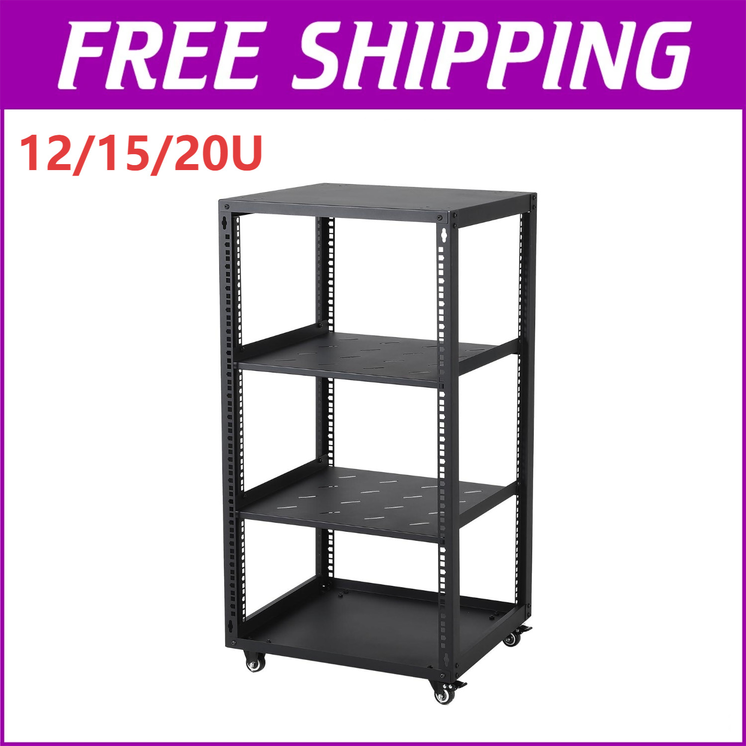 12 15U 20U Open Frame Server Rack Network Wall Mount Floor Standing 2x1U Shelves