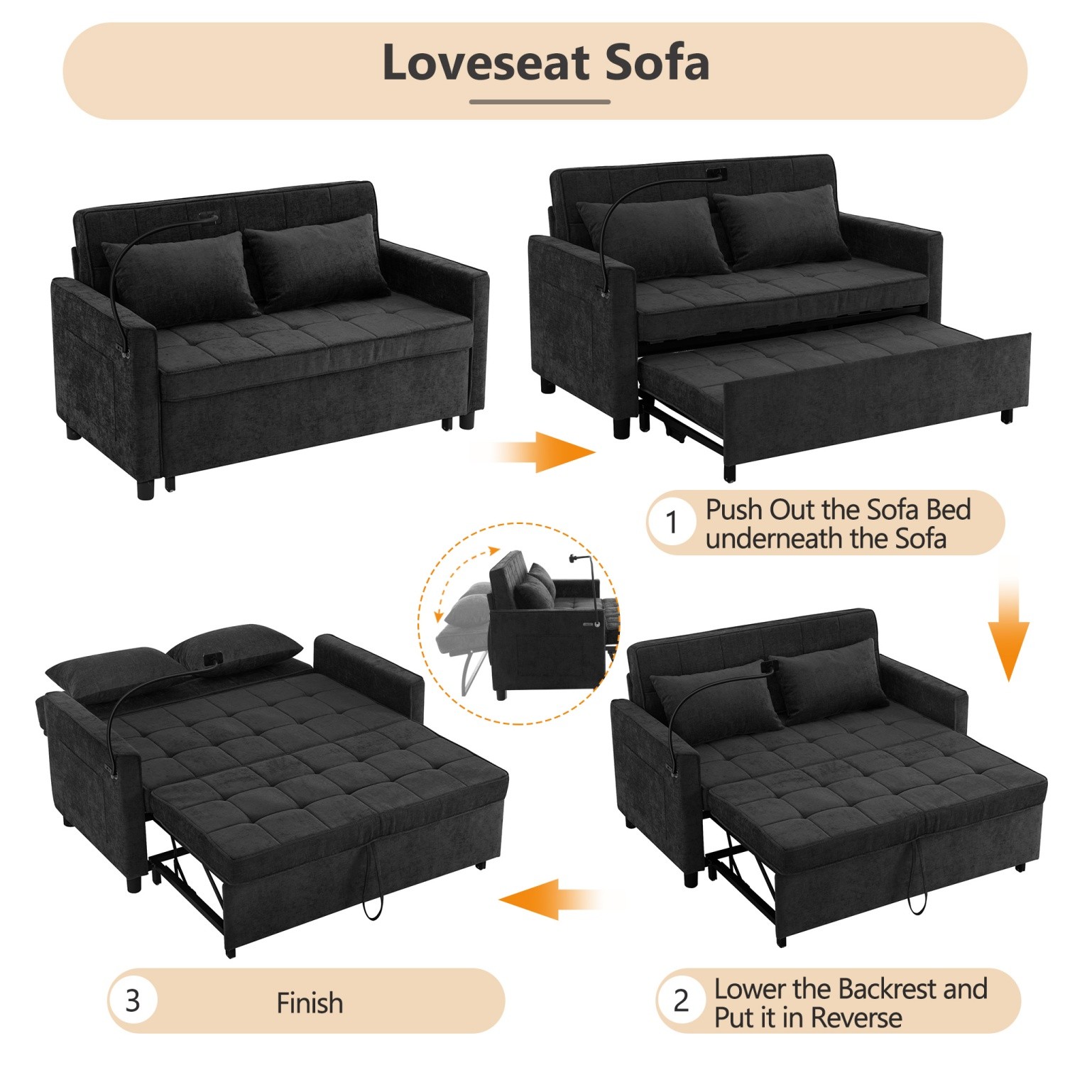 56.9'' Convertible Sleeper Sofa Bed Loveseat Sofa w/ Pull Out Bed & USB Ports