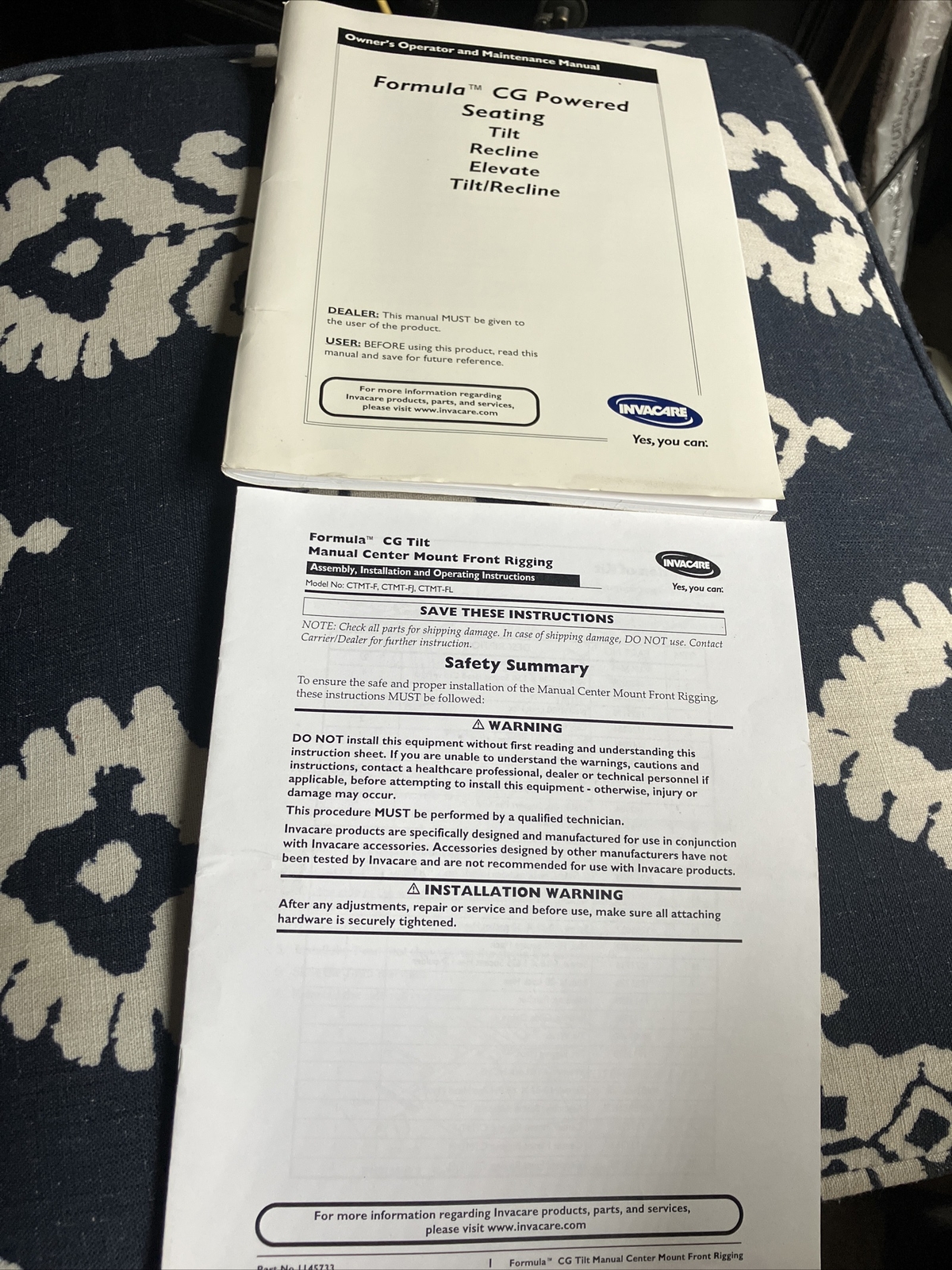Used Invacare Owner's Manual for Formula CG Powered Seats TDX SP M91 M71 M61