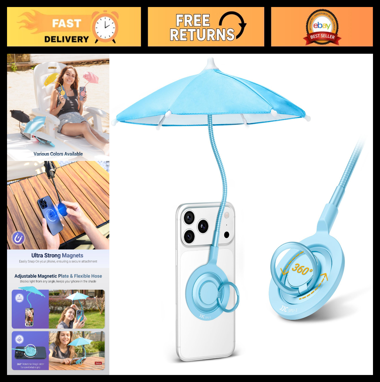 Magnetic Phone Umbrella Sun Shade Shield - Flexible Angle & Rotatable Ring, Blue