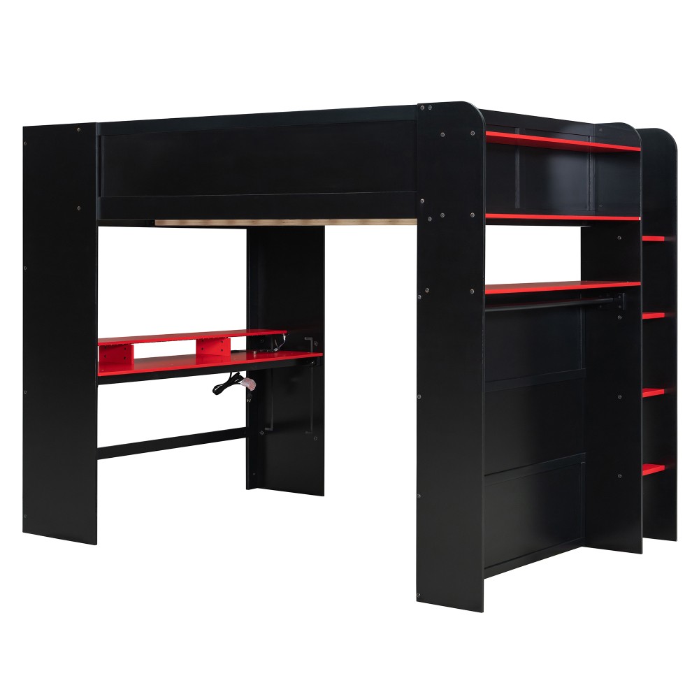 Full Size Bunk Bed with Desk, RGB Lights, Wardrobe, Storage for Gaming Setup