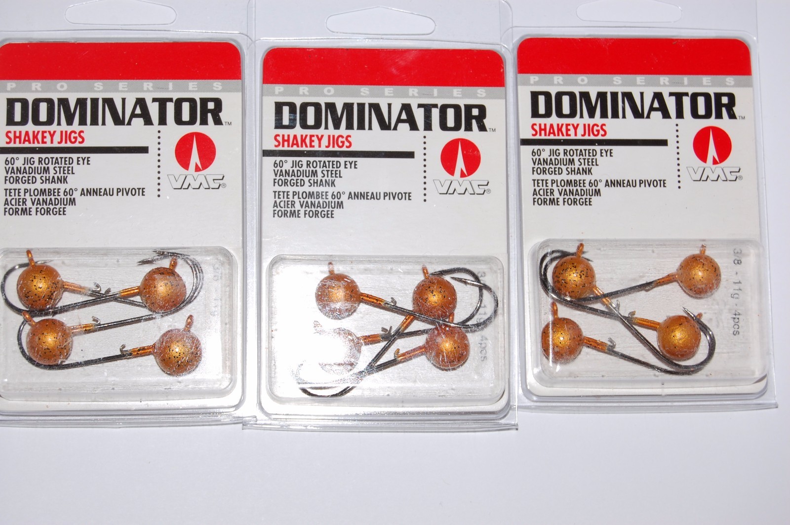 3 packs vmc dominator shakey jigs 3/8oz pumpkinseed round bend shakyhead