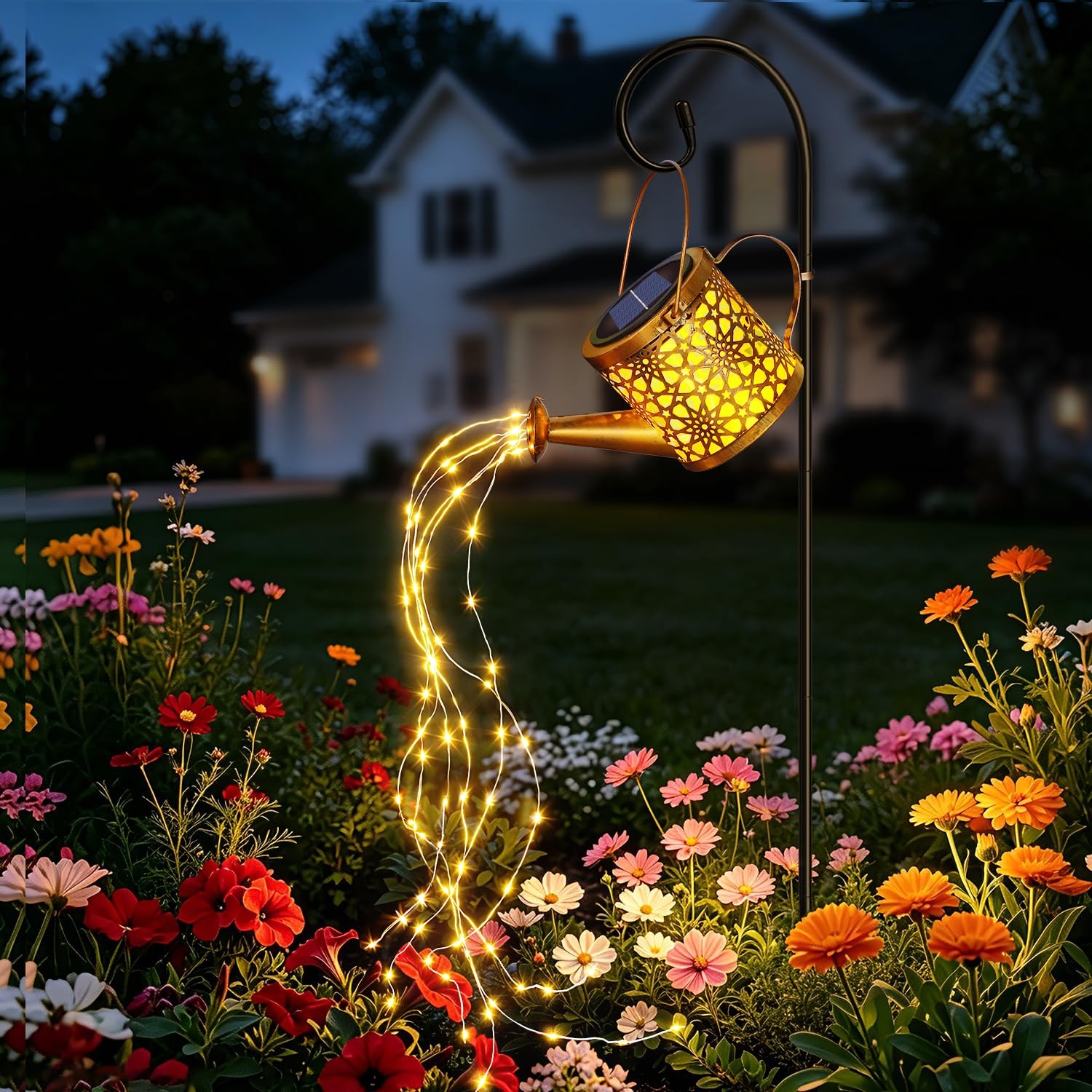 Solar Watering Can Lights Garden Decor, LED Metal Waterproof Hanging Bronze