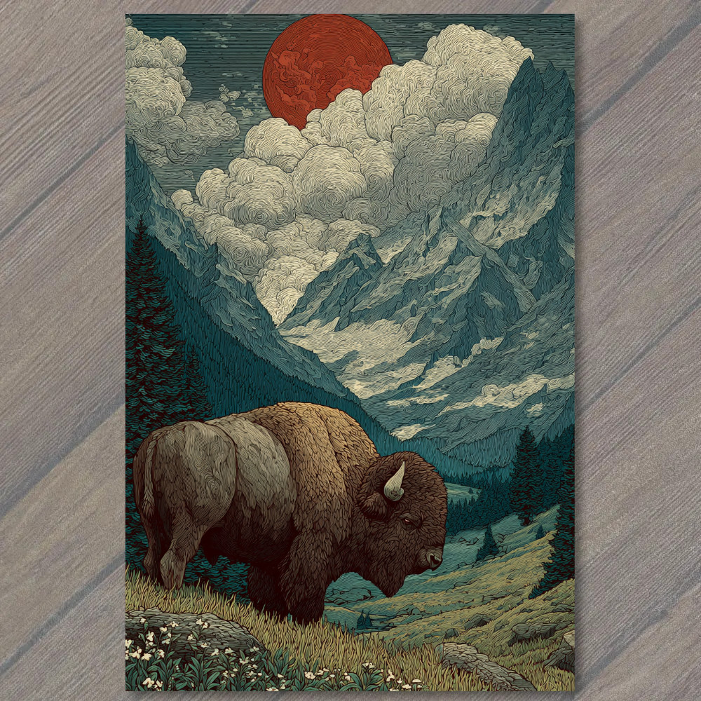 POSTCARD Bison Mountain Valley Red Sun Wilderness Western Landscape Majesty