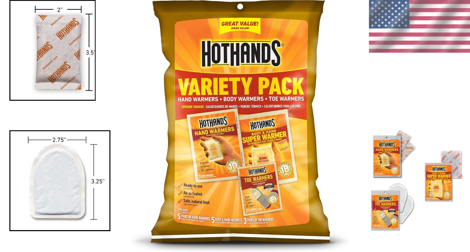 Toe, Hand & Body Warmer Variety Pack - Natural Air-Activated Heat for Outdoors