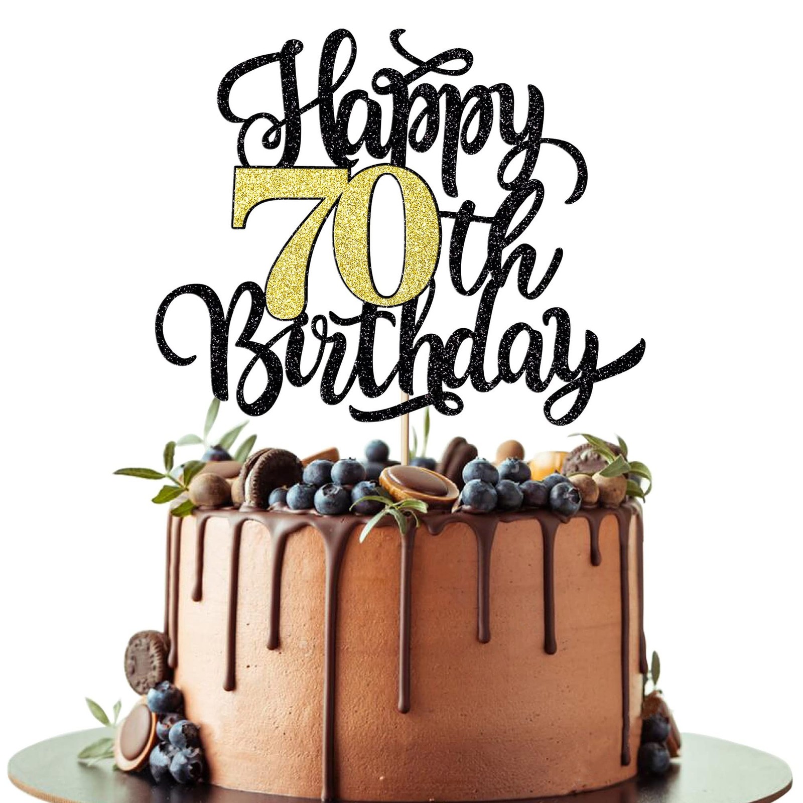 Happy 70th Birthday Cake Topper, Black Gold Glitter Birthday Cake Topper, 70t...