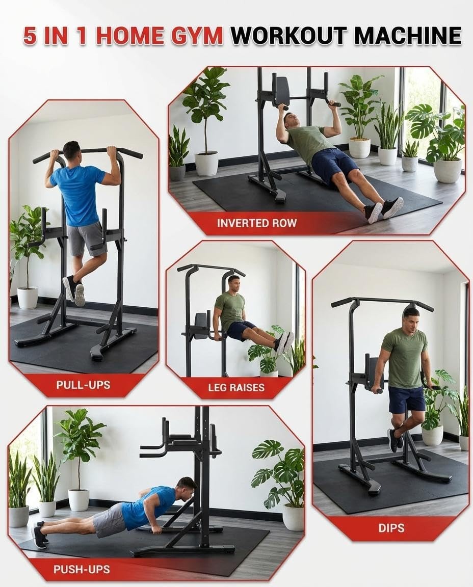 Multi-Function Power Tower Pull Up Bar Station with Backrest Adjustable Height