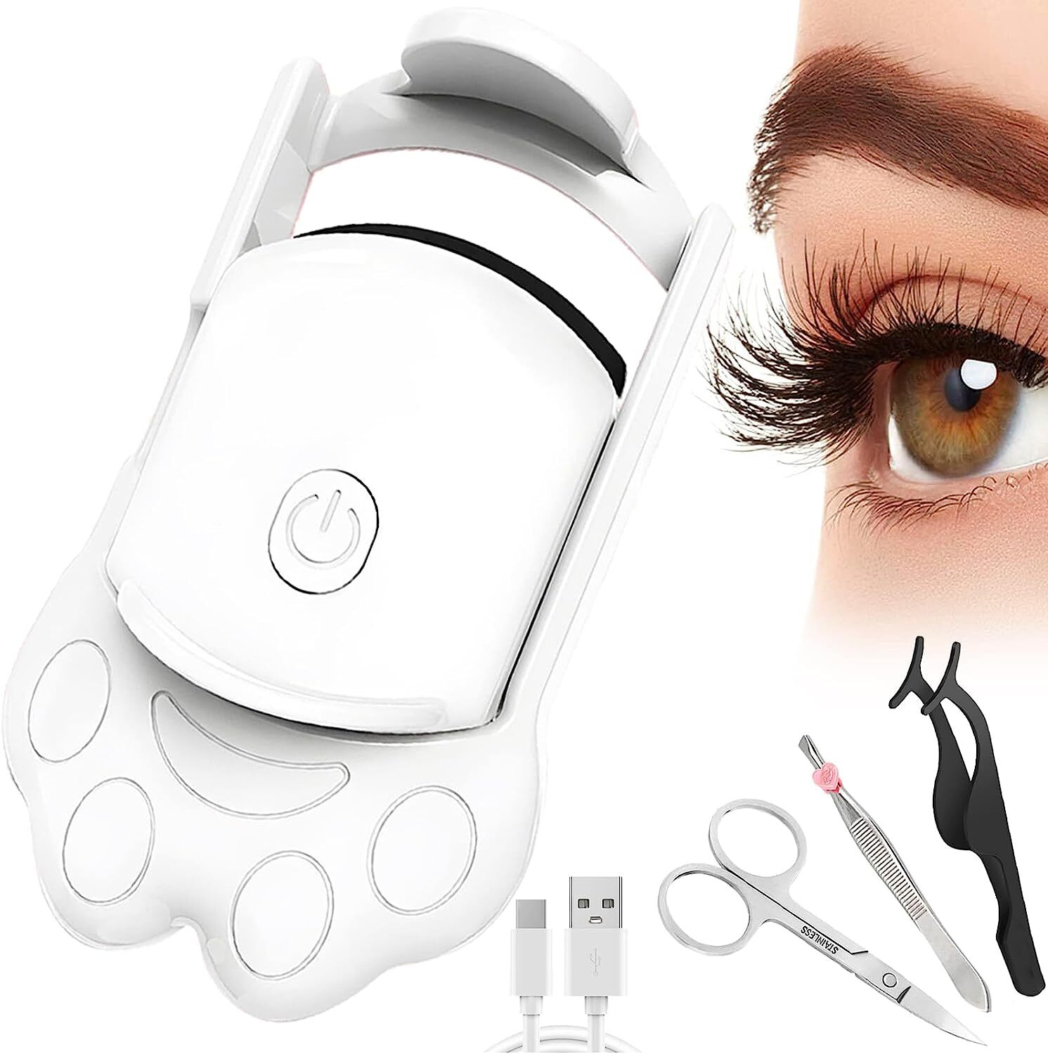 Heated Eyelash Curler Set - 2Mode Heated Lash Curler Type-C Rechargeable (White)