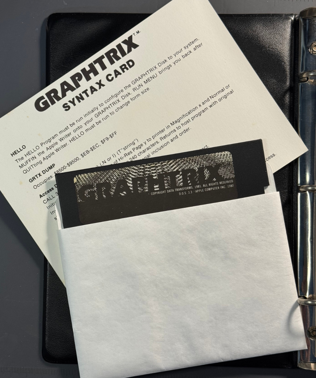 Graphtrix 1.3 Apple II 5.25 Floppy Software Manual Binder Untested