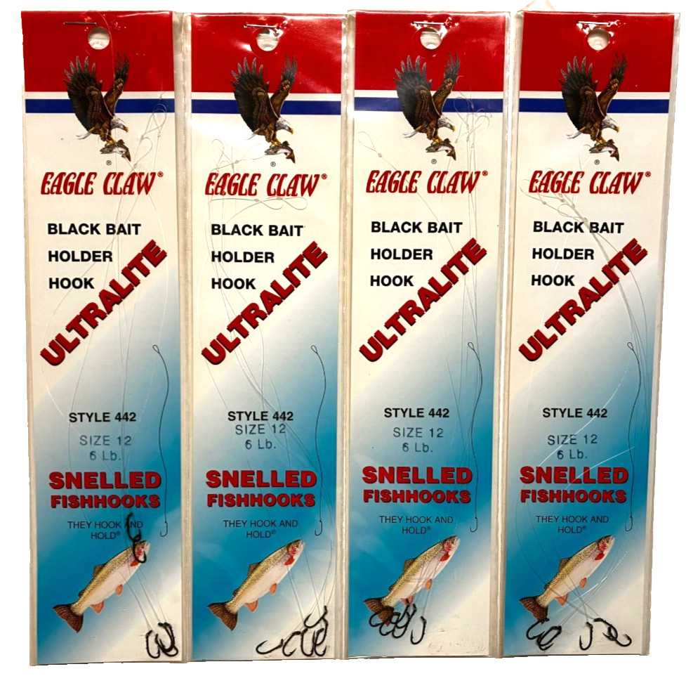 4 PACKS Eagle Claw ULTRALITE Snelled Size 12 Black Bait Holder Hook 6 Count Pack