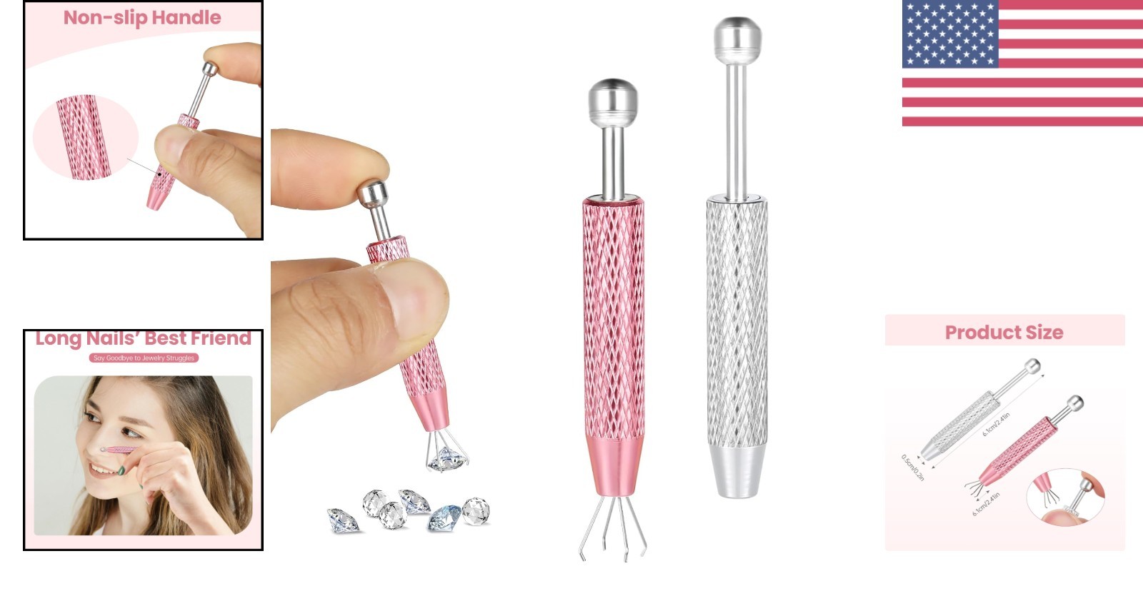 Light Pink & Silver 2 Pack Piercing Ball Grabber Tool for Jewelry Changing