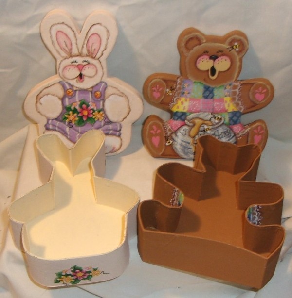 2 HAND PAINTED ANIMALS SHAPED GIFT BOXES - BUNNY RABBIT & BEAR -