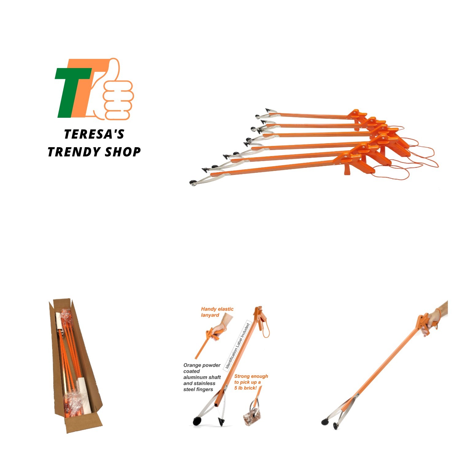 Orange-U-Tongs PRO Grade Litter Pick up Tool, Elastic Lanyard, Suction Cup Re...