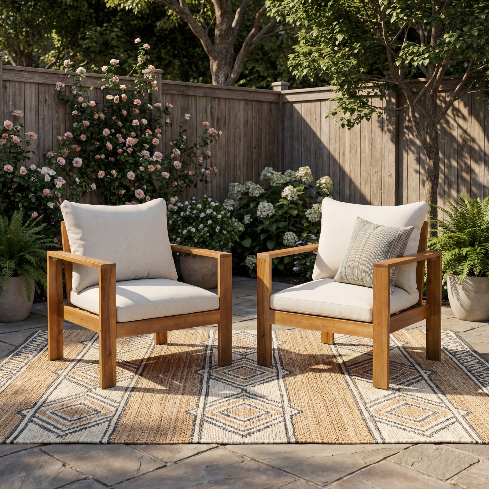 Set of 2 Acacia Wood Outdoor Patio Chair with Cushions for Garden Deck Porch