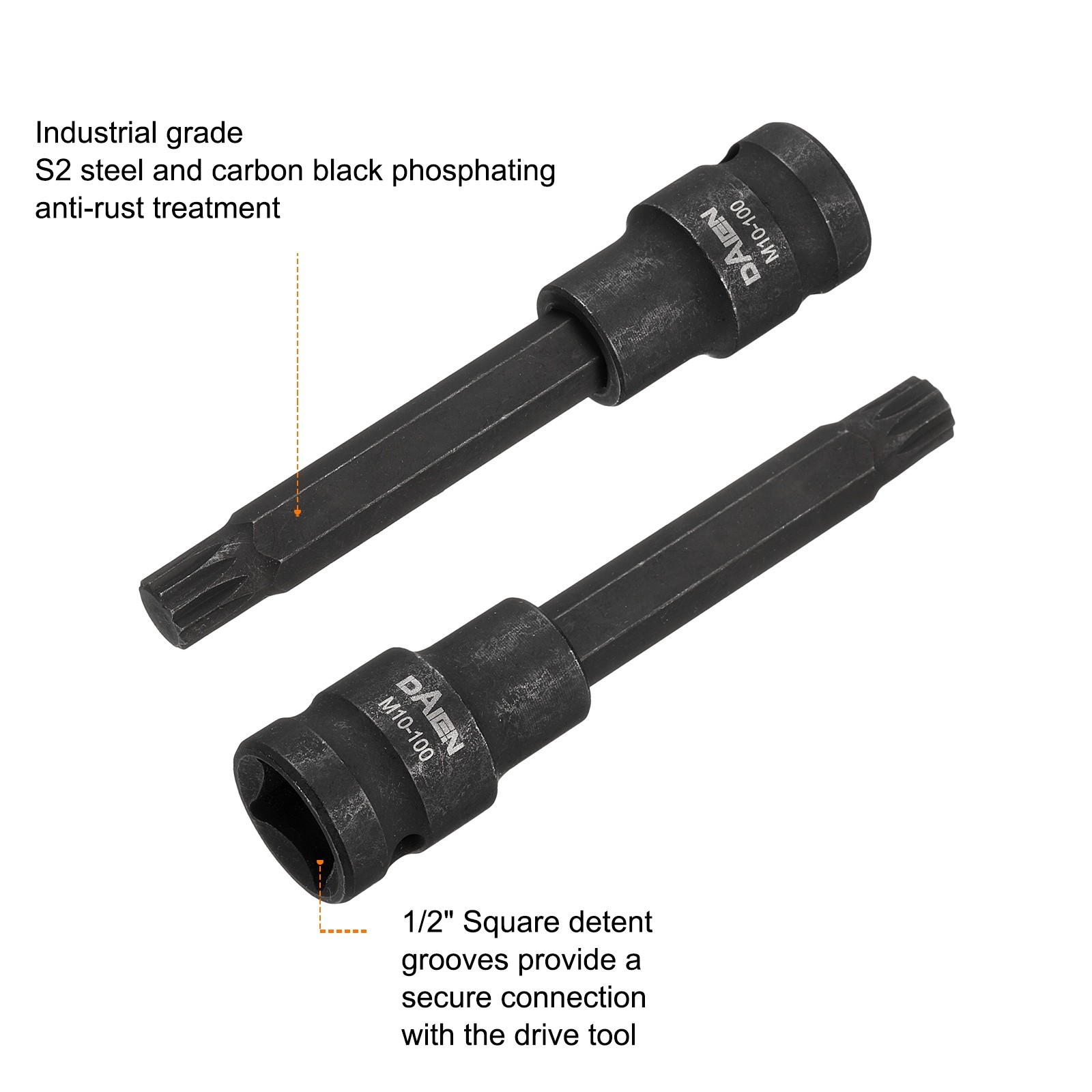 M10 12 Point Spline Bit Socket 100mm Length 1/2" Square Impact Bit, Black