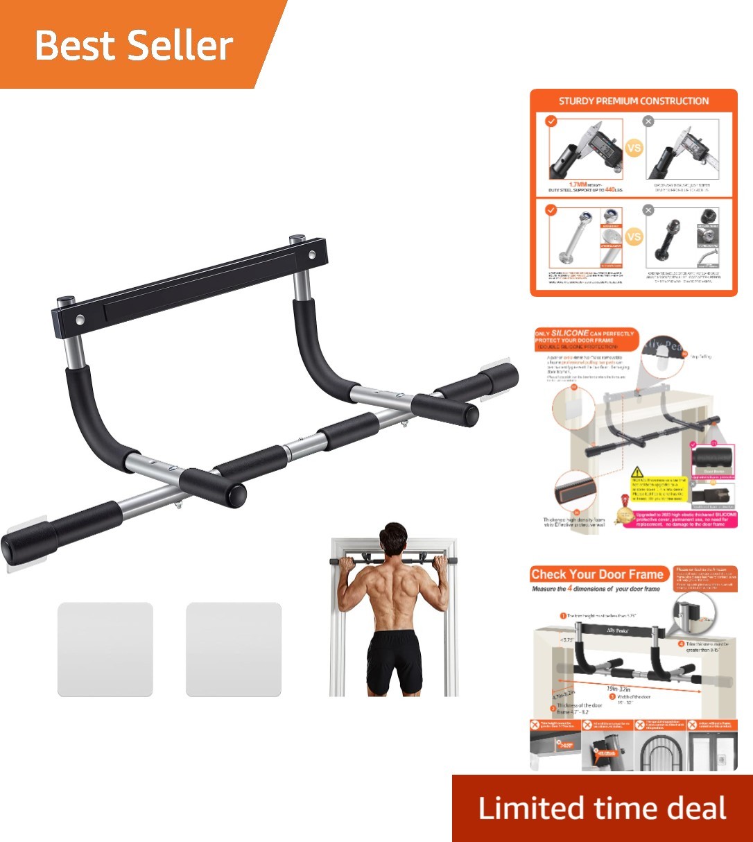 Portable Indoor Chin Up Bar - Secure Doorway Mount, 440 lbs Capacity, Multi-Grip