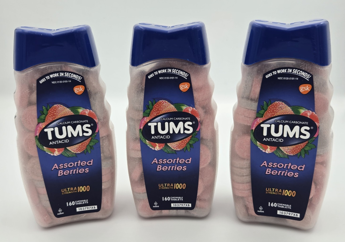 3 Pack TUMS Ultra Strength 1000 Assorted Berries 160ct Antacid (480 Total)