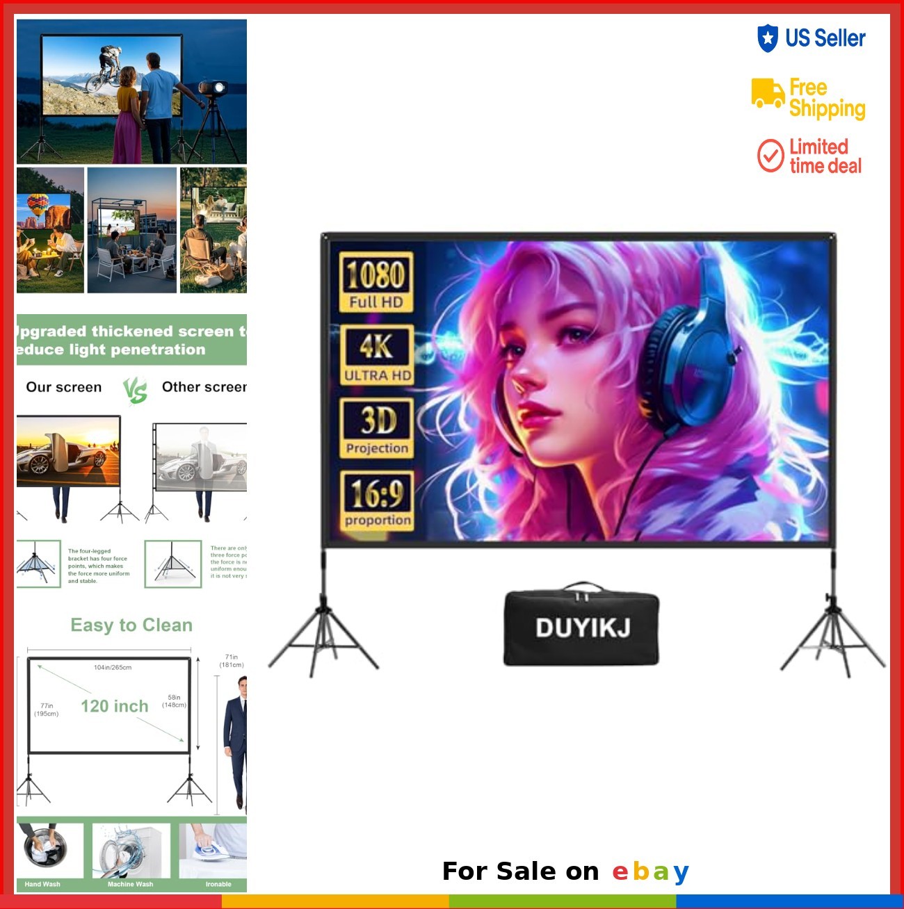 Projector Screen with Stand 120 Inch Portable Outdoor Indoor 16:9 4K HD Movie