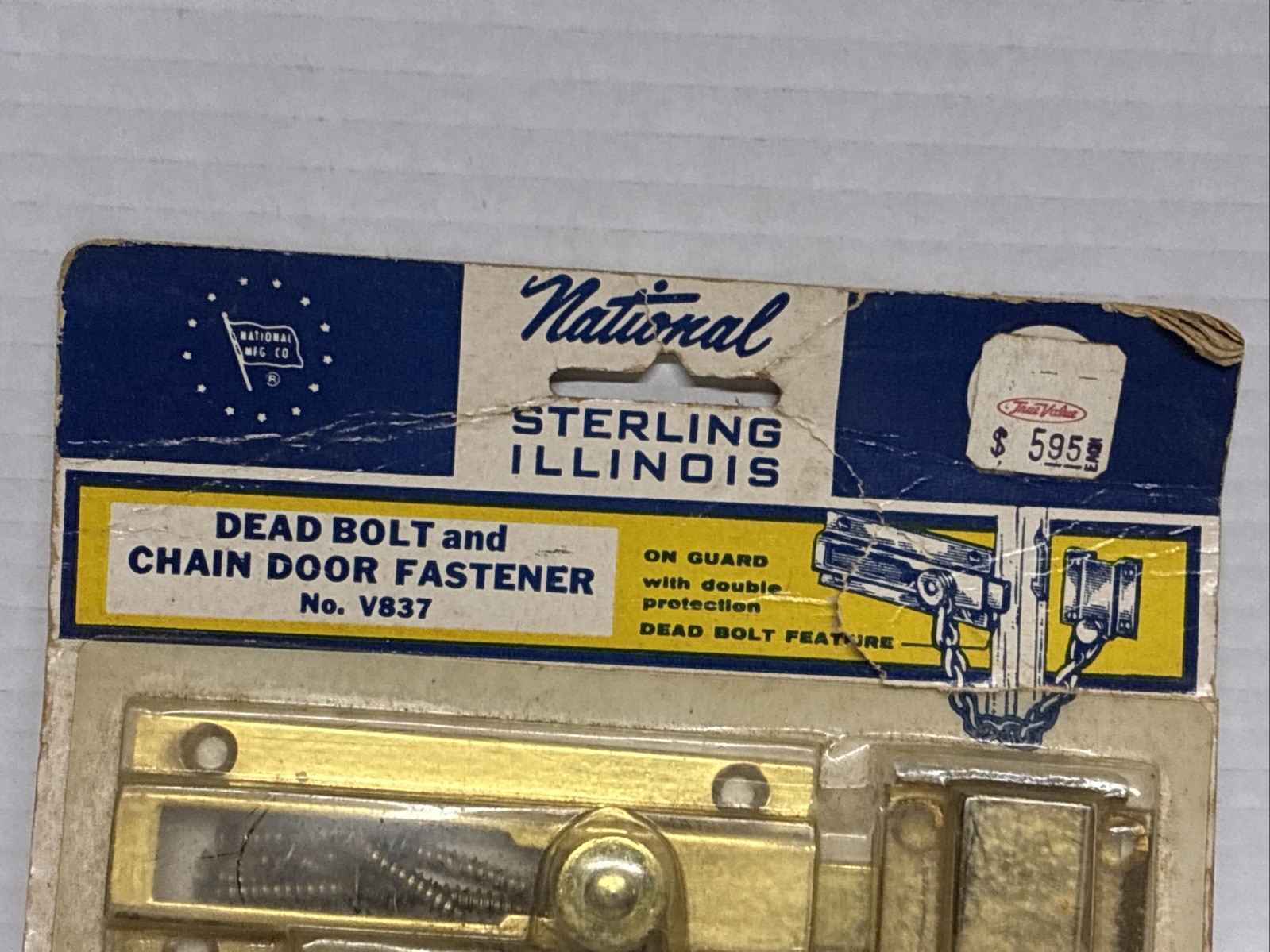 Vintage National Mfg Solid Brass Chain Door Fastener w/Deadbolt V837
