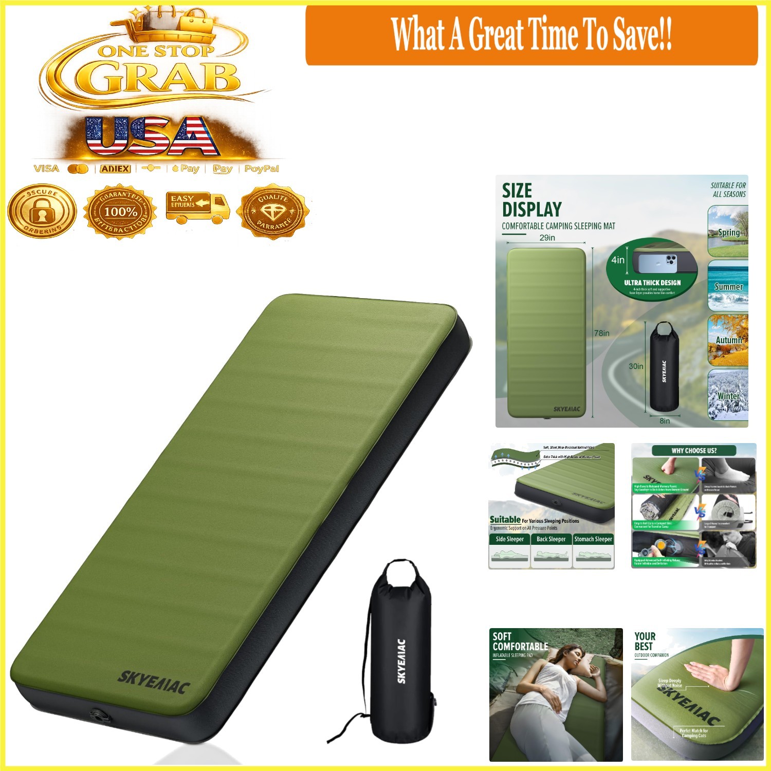 Self Inflating Camping Mattress with Memory Foam 78x29 Green Portable Bed