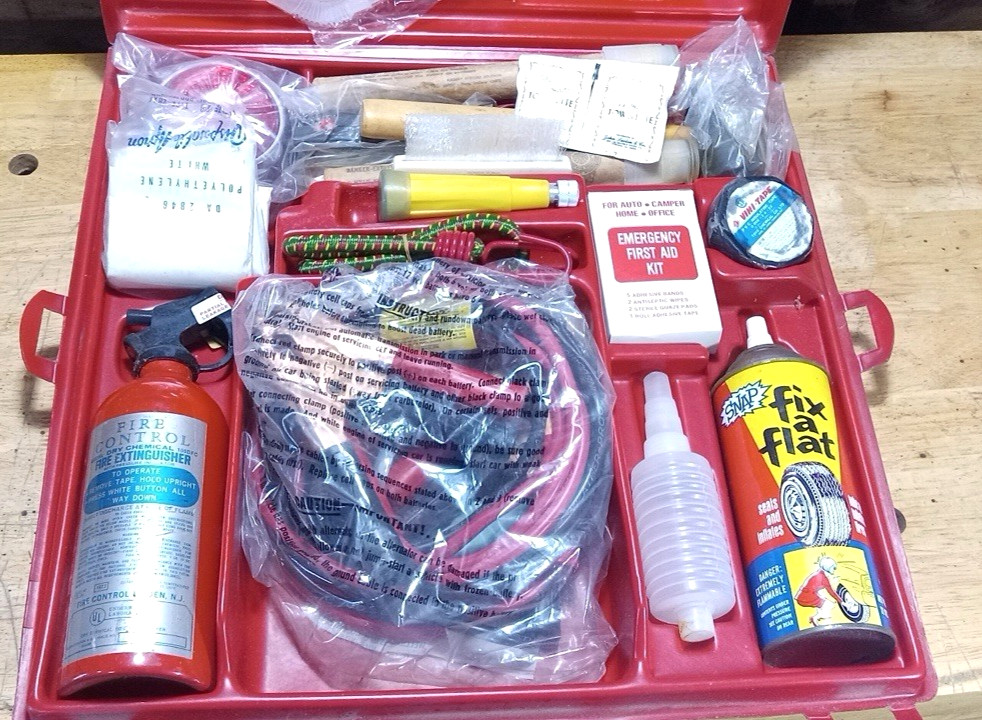 Vintage Auto Mini Trunk Roadside Emergency Car Kit, Vehicle Safety Road Side