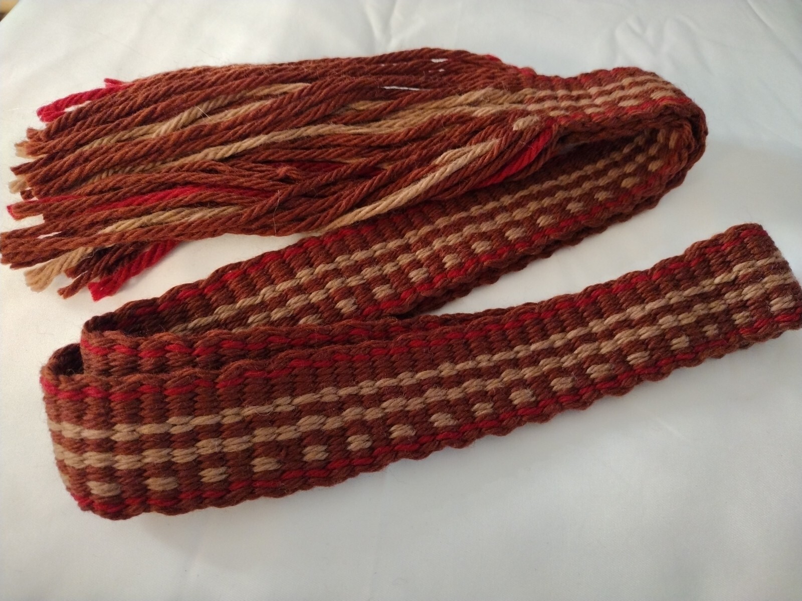 #132 Powder horn strap belt Light & Dark Brown, Red Assymetrical Wool 54"x 1.5"