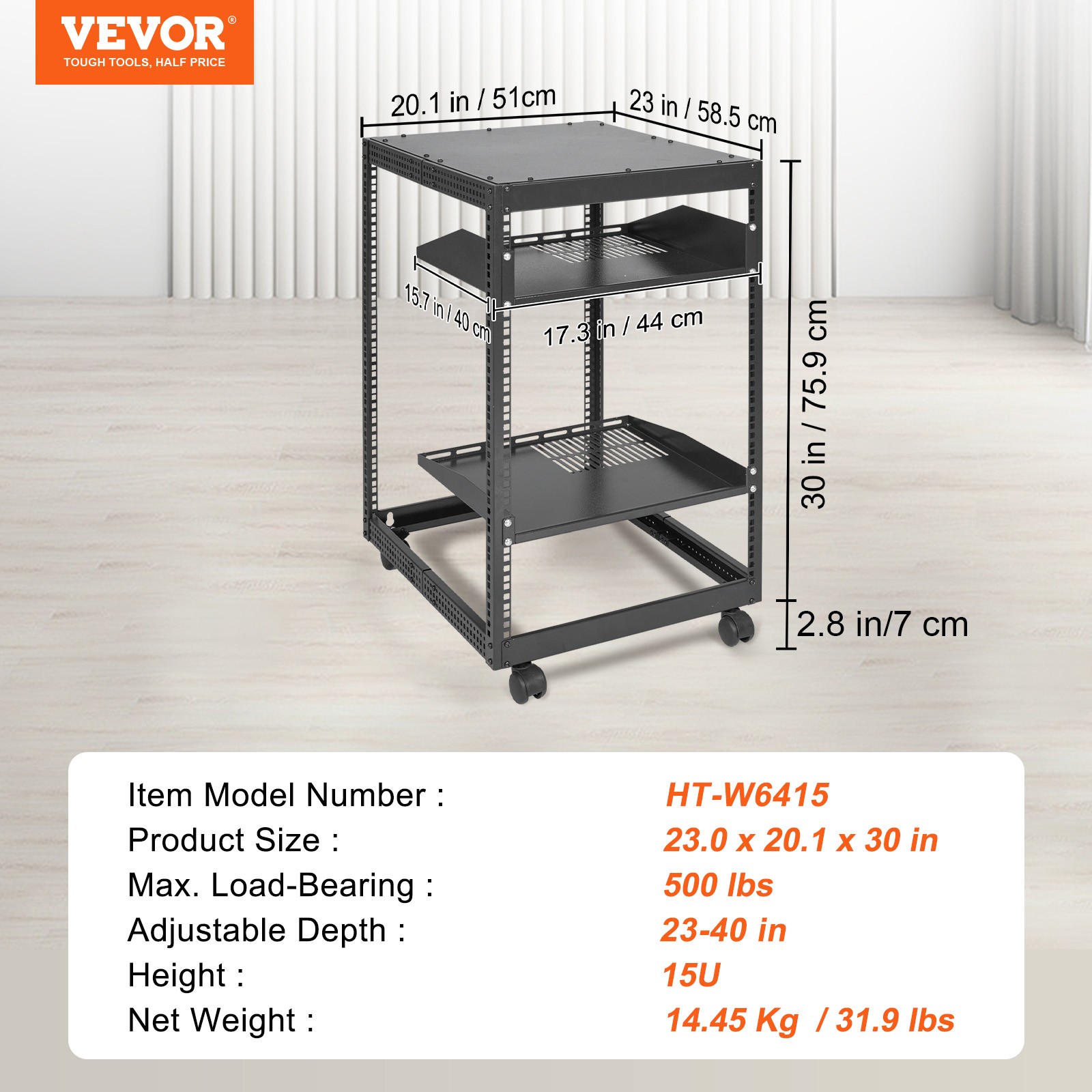 VEVOR 15U 4 Post Open Frame Server Rack Network Enclosure 23''-40'' Adjustable