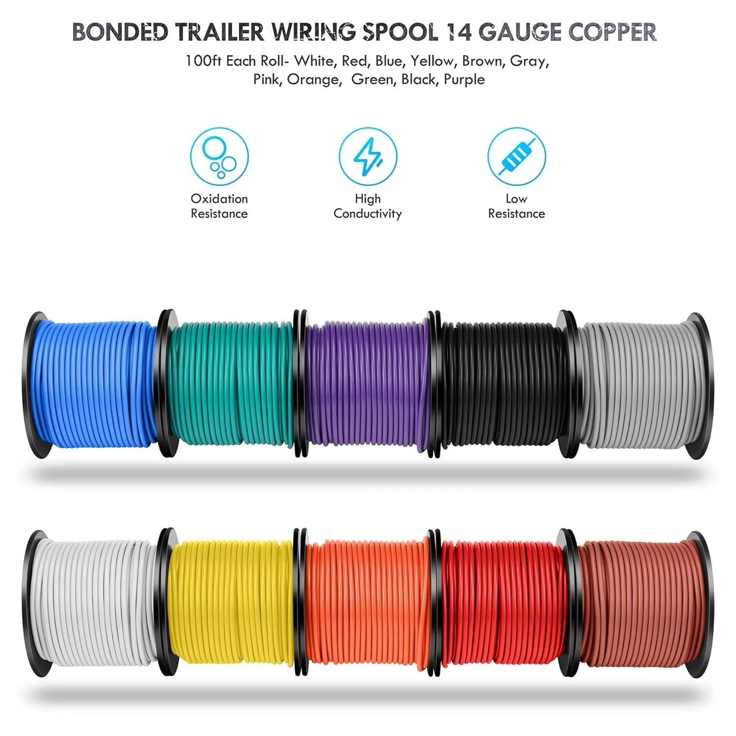 10 Rolls of 14 Gauge Automotive Primary Wire Spool for RV and Trailer Wiring