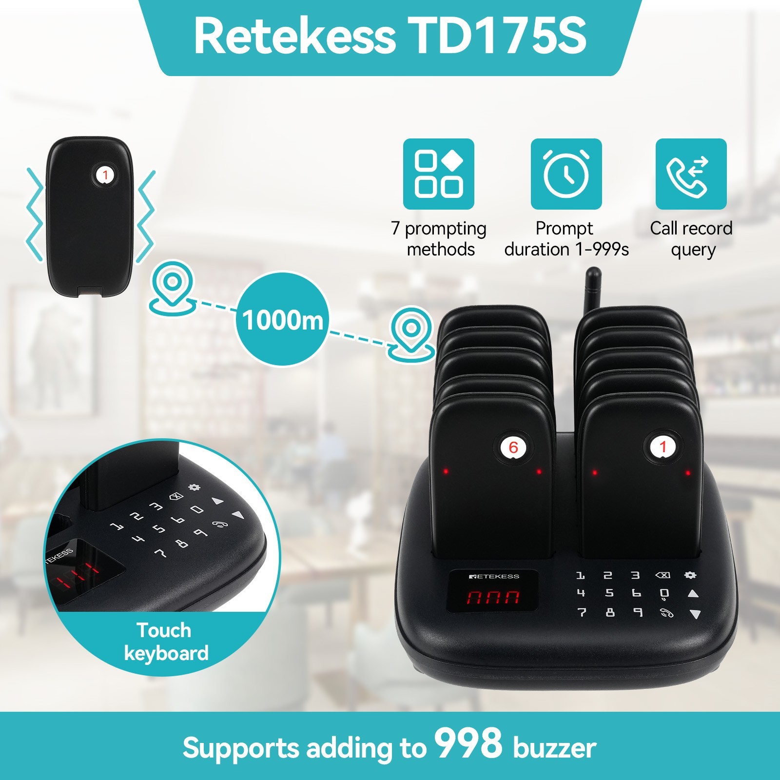 TD175S Restaurant Pager System Long Range 800m 10 Buzzers for Cafe Food Truck