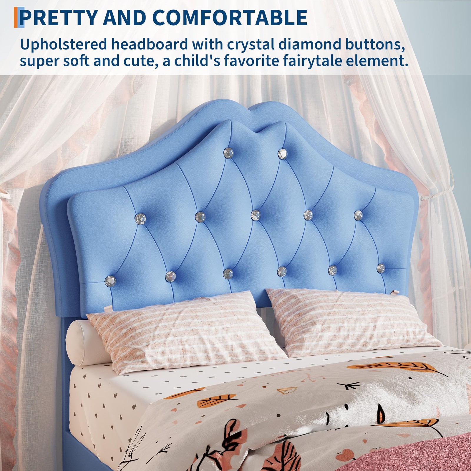 Twin Size Bed Frame w/Velvet Crystal Button Headboard & LED Light Platform ,Blue
