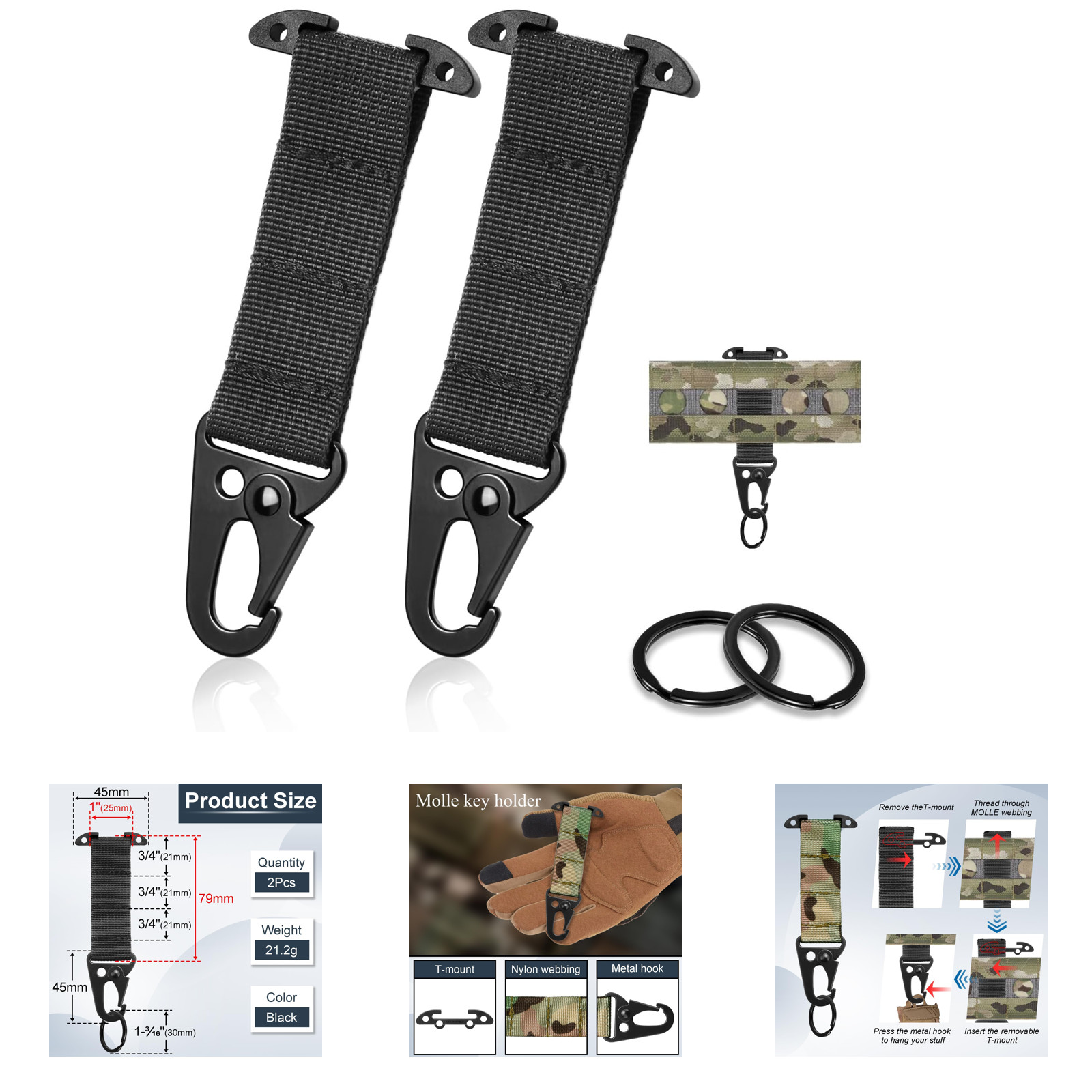 Tactical Molle Clips Key Holder Pack Nylon Webbing Molle T Mount Carabiner Hook