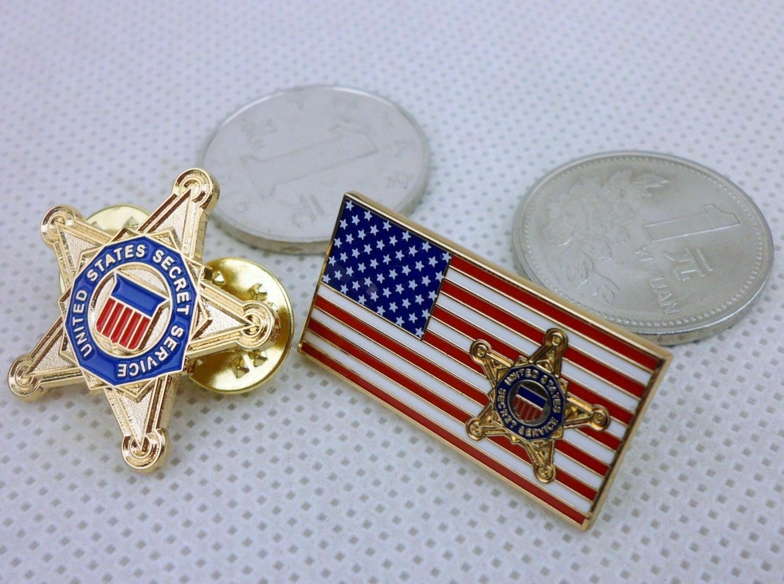 TWO US SECRET SERVICE METAL CHEST PIN BADGE ON USA FLAG MINI PIN GIFT PAIR OF