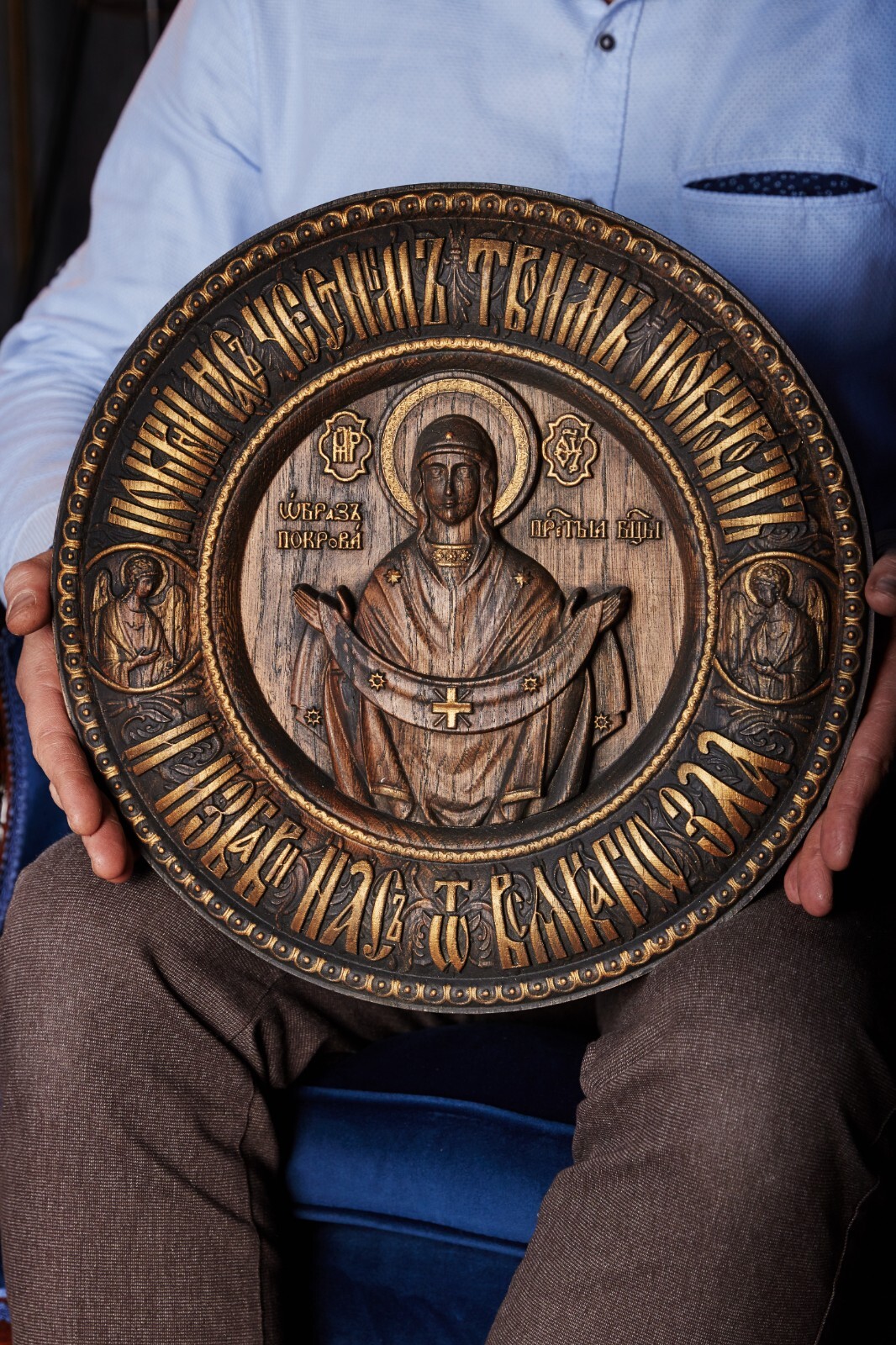 Wall wood Ortodox art Virgin Mary of Pokrov modern mother`s day gift