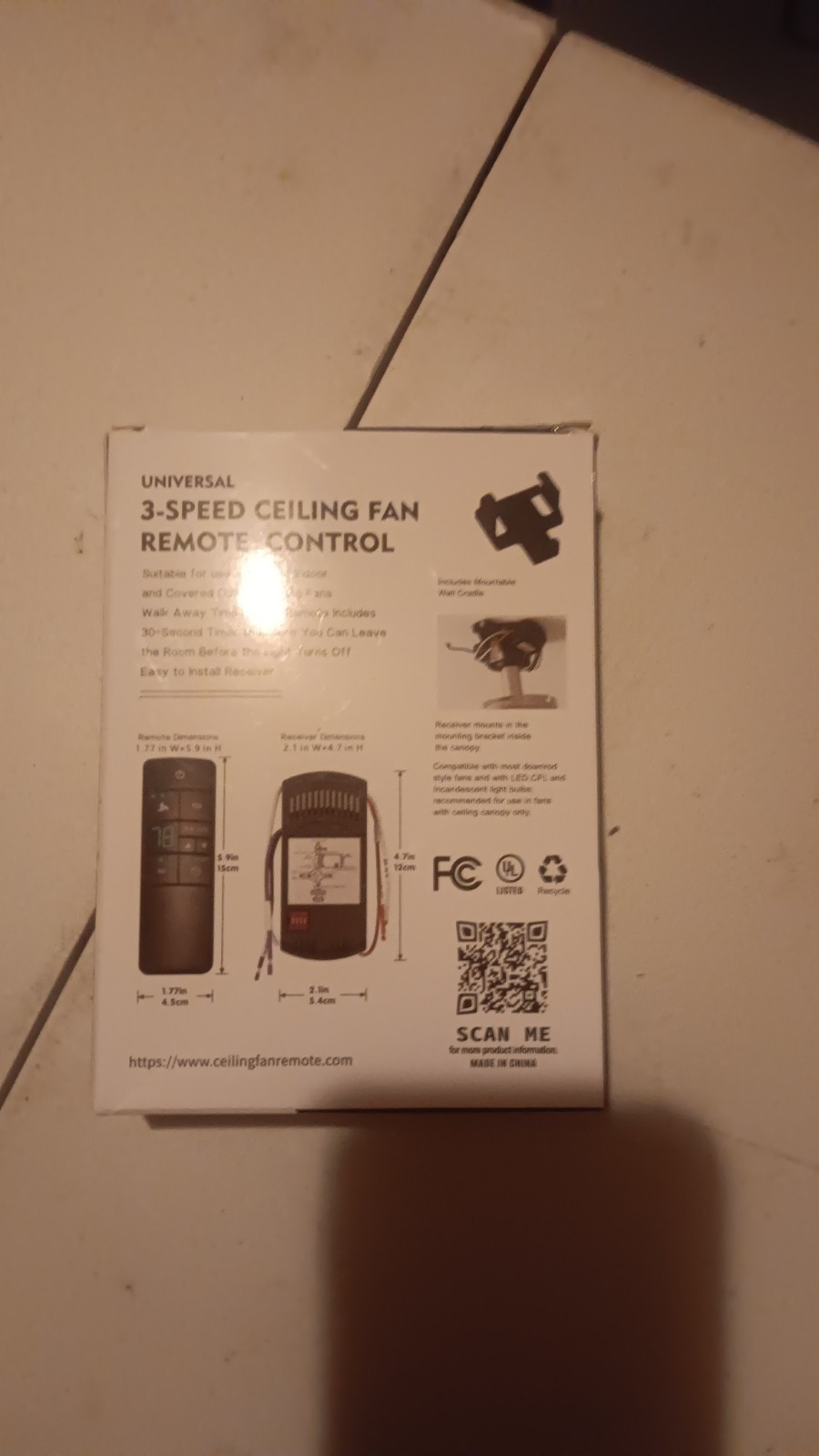 Universal Ceiling Fan Remote Control 3-Speed w/ Receiver NEW