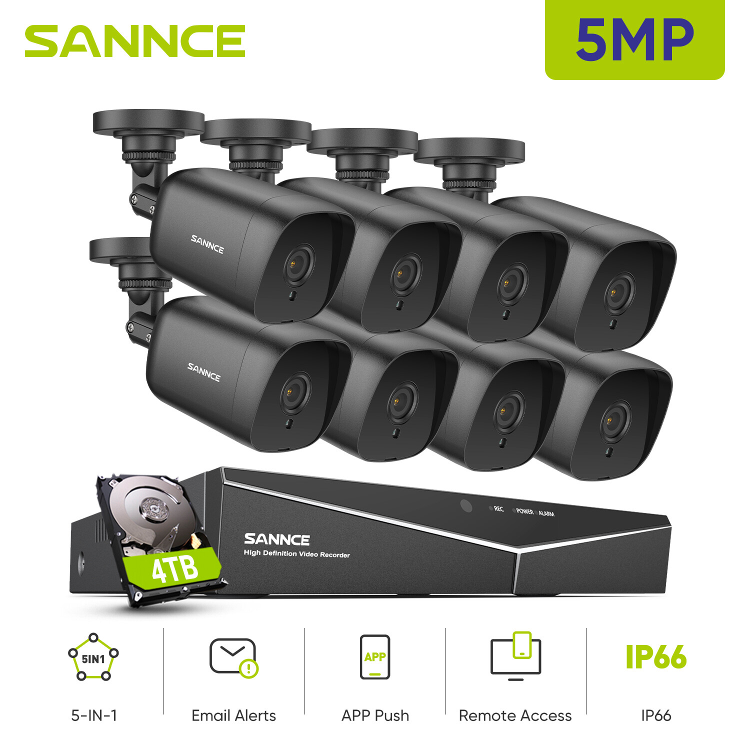 SANNCE 5in1 8CH DVR 5MP Video CCTV Security Camera System Outdoor Night Vision
