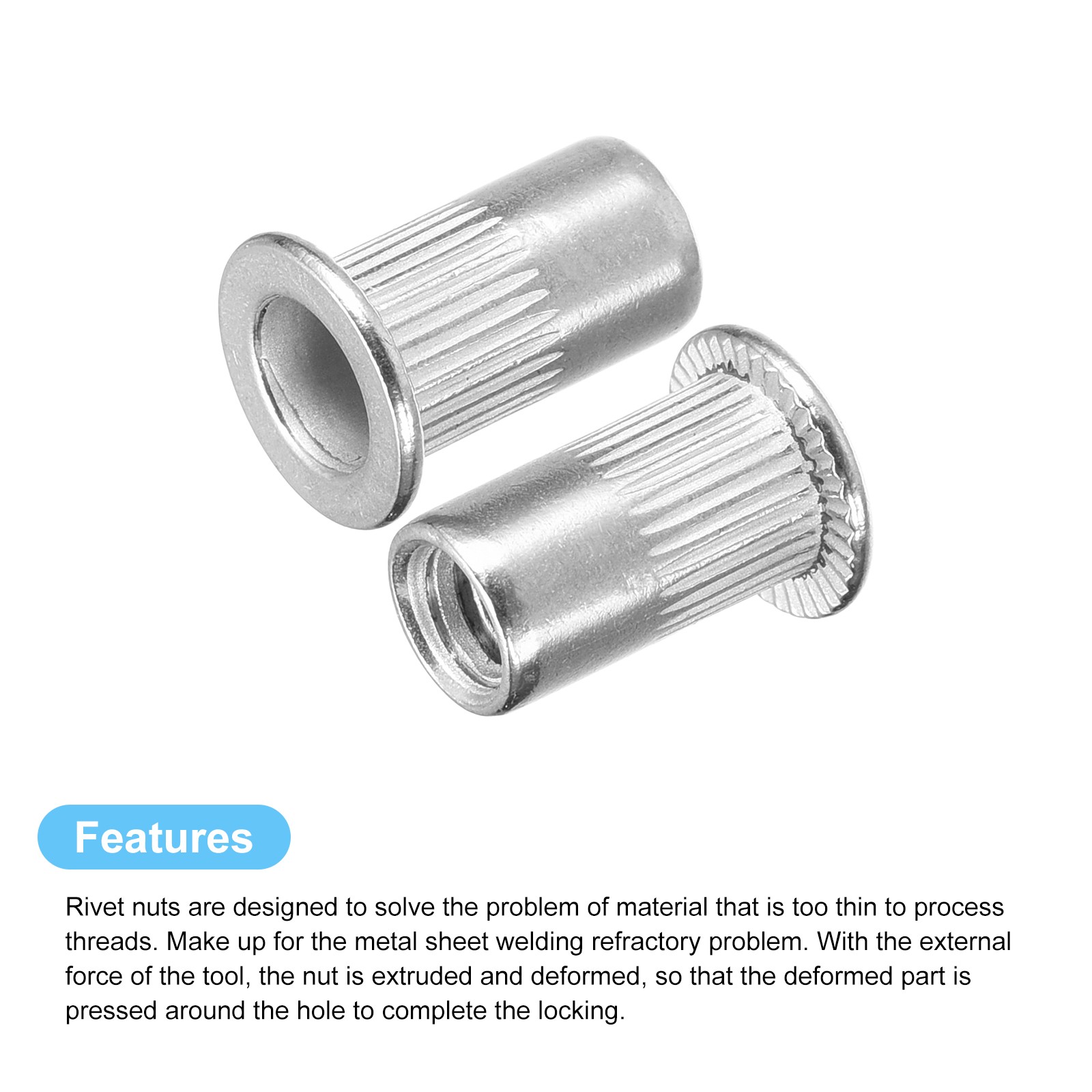 #10-32 Rivet Nuts, 50pcs 304 Stainless Steel Flat Head Threaded Insert Nuts