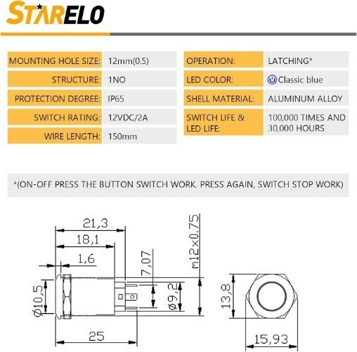 5PCS 12mm Latching LED Push Button Switch Mini Round Black Shell with Pre-Wired,