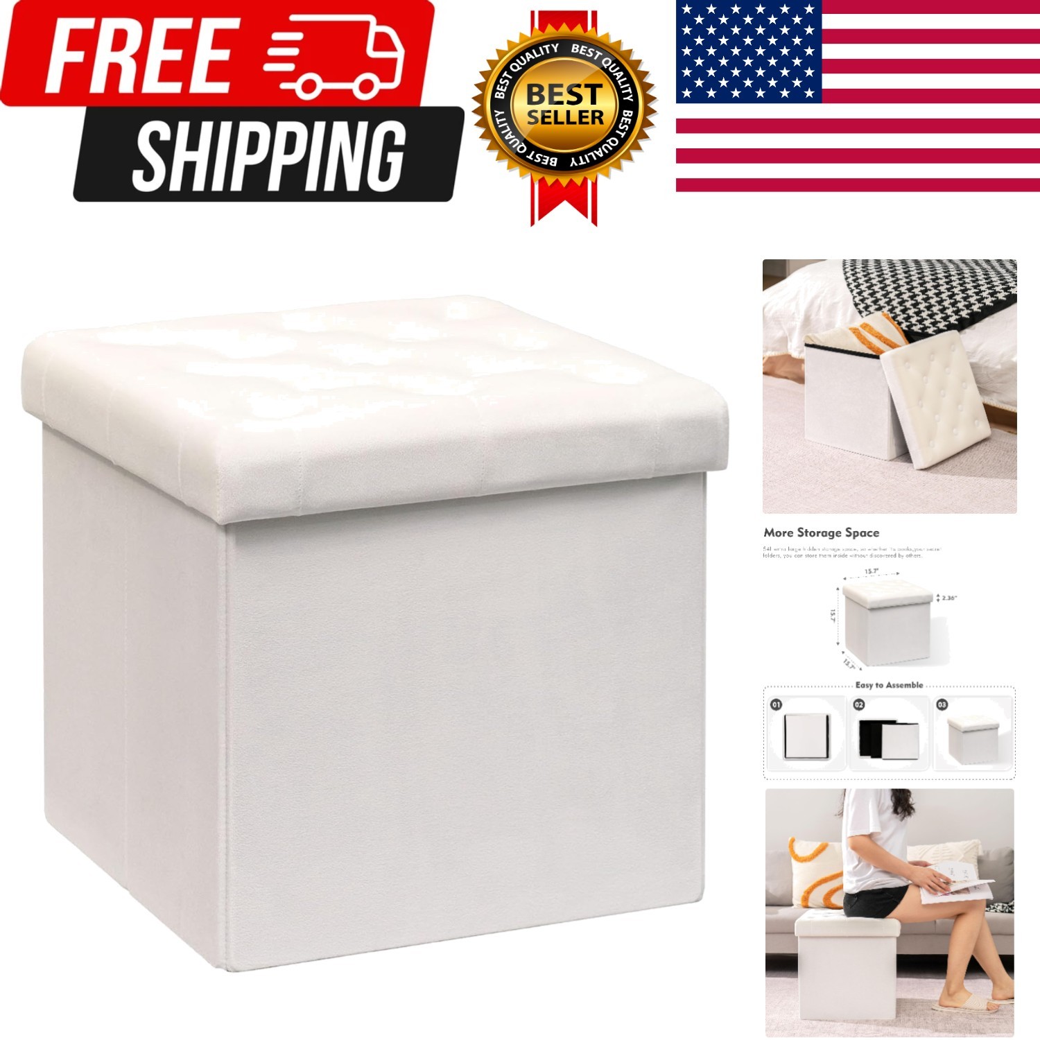 Storage Ottoman Velvet Tufted Folding Ottomans Footstool Rest Seat with Remov...