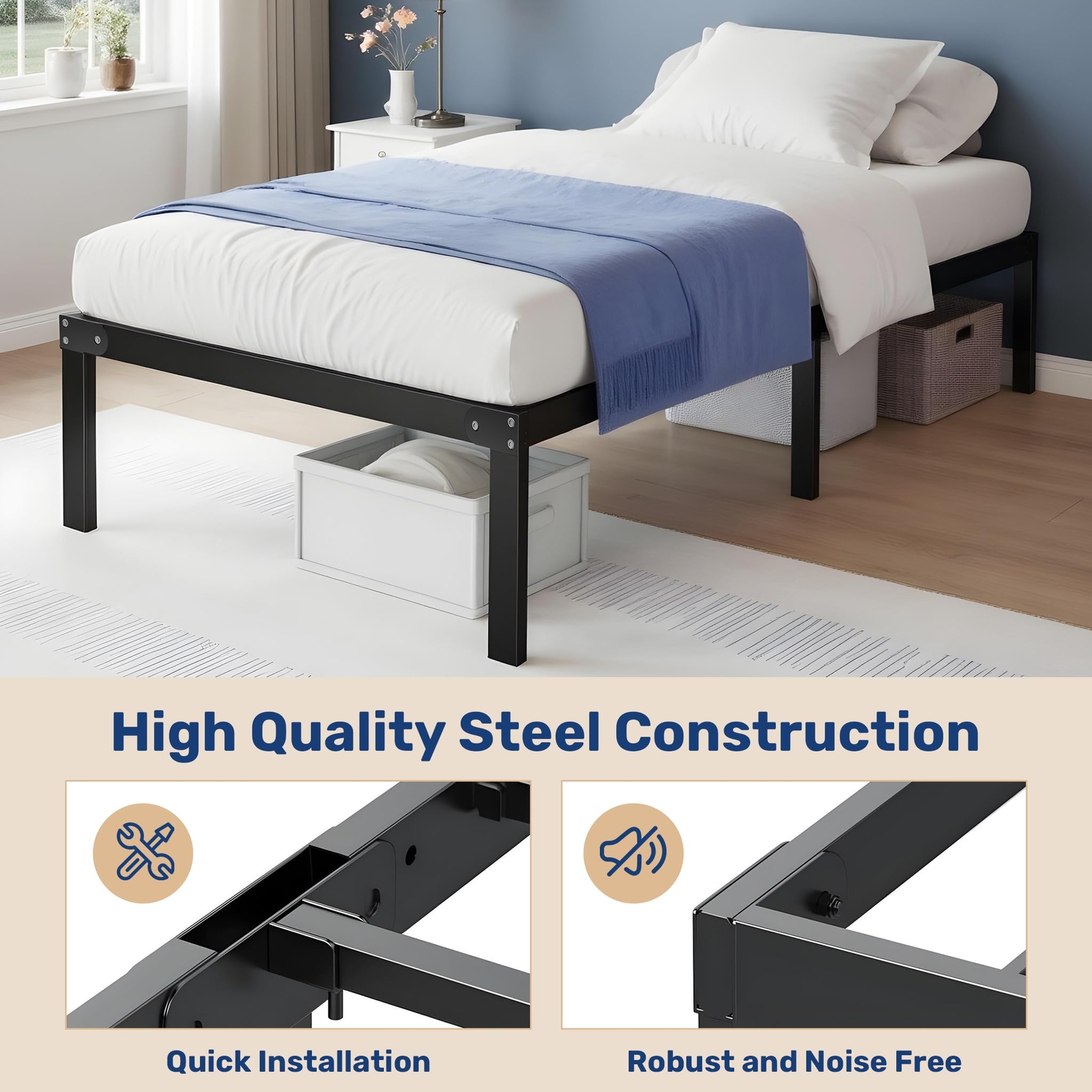 Durable Twin-Size 14” Black Metal Platform Bed Frame – Sturdy & Sleek Design